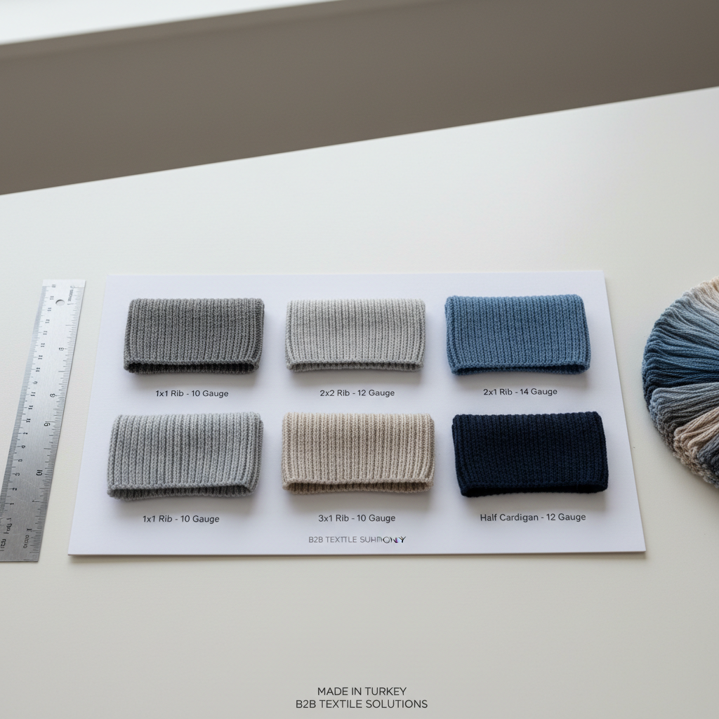 A high-resolution, photographic realism macro image of a ribana yaka cross-section sample card, where short collar segments are neatly sewn onto a white cardboard board, each labeled with different gauges and stitch types in small printed text. The board lies on a clean, matte white desk, with a metal ruler and a color-calibrated knitting yarn swatch fan slightly out of focus at the edges. Neutral, diffused daylight from a large unseen window softly illuminates the scene, creating precise yet gentle shadows that accentuate the rib structure. Shot from directly above in a flat lay composition, everything is arranged with exacting alignment to evoke technical precision, engineering-level attention to detail, and a trustworthy B2B manufacturing partner in Turkey.