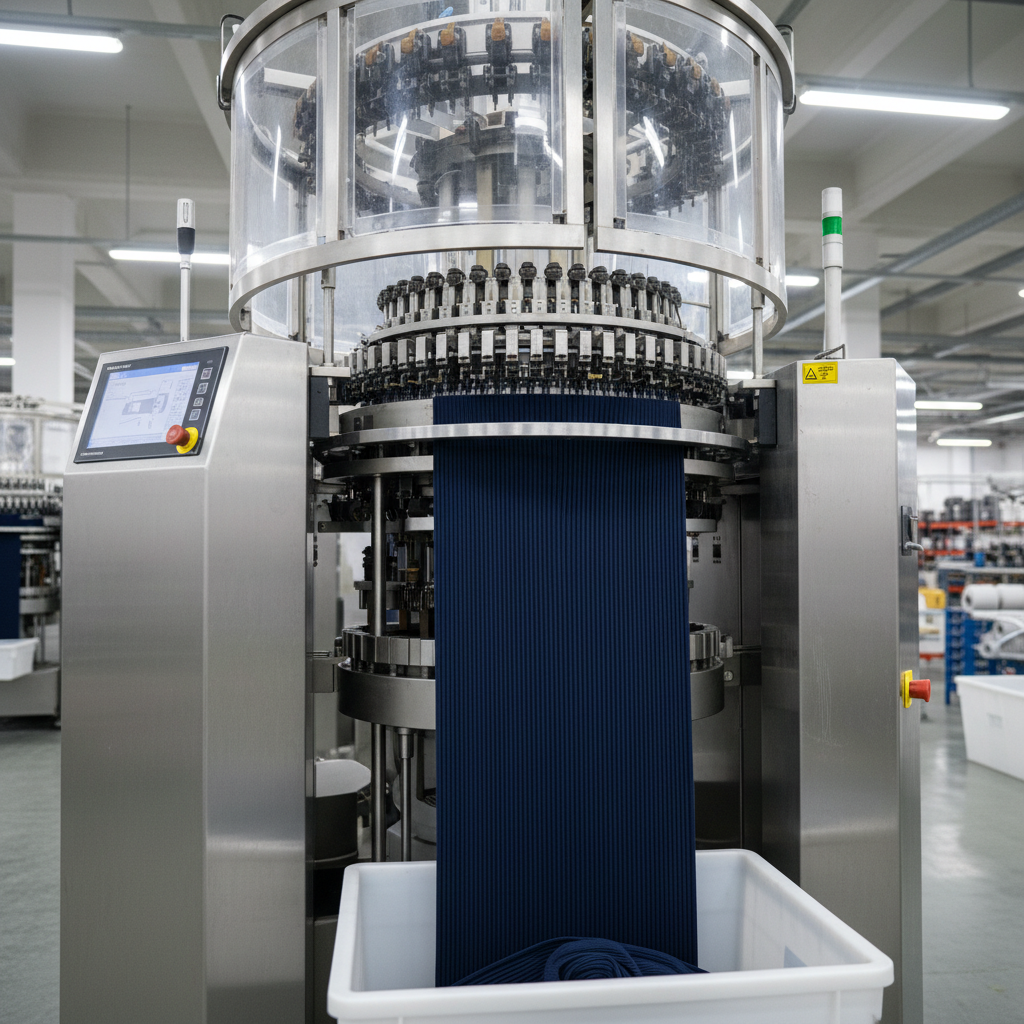 An industrial knitting machine in a pristine Turkish triko facility captured in photographic realism, its needles actively producing a continuous loop of ribana yaka fabric in deep navy. The emerging ribbed tube spills gently into a shallow tray, the uniform ribs running perfectly parallel. The machine’s brushed metal surfaces, clear safety covers, and digital control panel with a calm blue interface form the background, softly blurred to keep focus on the forming collar. Cool, even LED factory lighting provides clear visibility without glare, creating subtle metallic reflections and crisp definition in the knit structure. Shot from a low, side angle with moderate depth of field, the atmosphere feels precise, modern, and highly professional, underscoring reliable large-scale ribbed collar production.