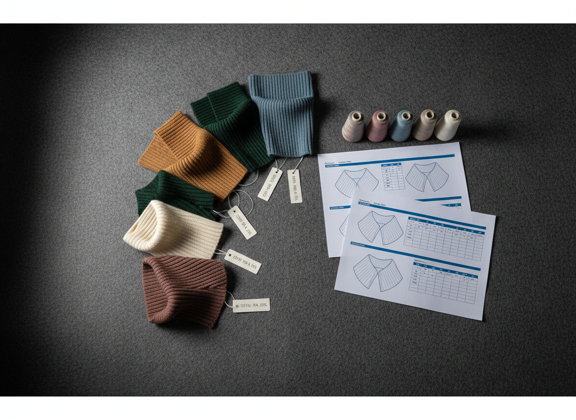 A curated presentation board for a ribana yaka collection arranged on a broad, dark felt surface: several detached ribbed collars in trend-forward colors like warm camel, muted forest green, and soft stone blue are laid in a semi-circle, each tagged with a small, minimalist label showing composition percentages. Beside them lie technical specification sheets, partially visible with schematic collar diagrams and measurement tables, and a neatly arranged set of matching thread cones. Directional studio lighting from the left creates controlled highlights on the knit ridges and gentle shadows that sculpt each collar’s shape. Photographed from a top-down, flat lay perspective with high clarity and a clean, modern aesthetic, the composition communicates design capability, customization options, and the professionalism of a Turkish ribana yaka specialist.