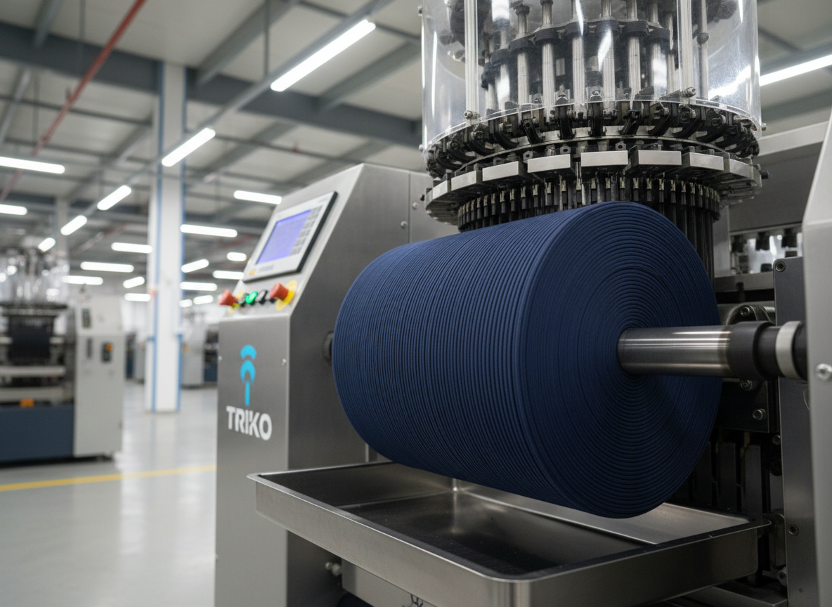 An industrial knitting machine in a pristine Turkish triko facility captured in photographic realism, its needles actively producing a continuous loop of ribana yaka fabric in deep navy. The emerging ribbed tube spills gently into a shallow tray, the uniform ribs running perfectly parallel. The machine’s brushed metal surfaces, clear safety covers, and digital control panel with a calm blue interface form the background, softly blurred to keep focus on the forming collar. Cool, even LED factory lighting provides clear visibility without glare, creating subtle metallic reflections and crisp definition in the knit structure. Shot from a low, side angle with moderate depth of field, the atmosphere feels precise, modern, and highly professional, underscoring reliable large-scale ribbed collar production.