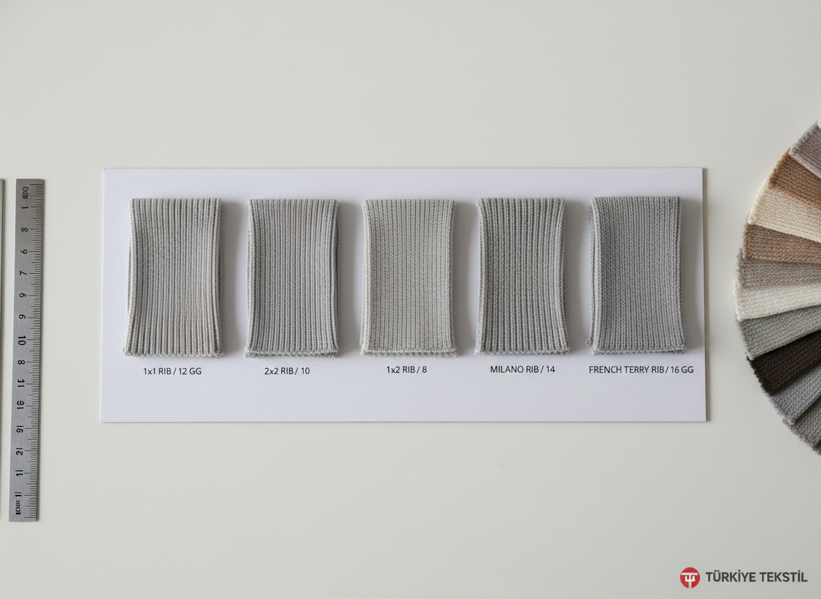 A high-resolution, photographic realism macro image of a ribana yaka cross-section sample card, where short collar segments are neatly sewn onto a white cardboard board, each labeled with different gauges and stitch types in small printed text. The board lies on a clean, matte white desk, with a metal ruler and a color-calibrated knitting yarn swatch fan slightly out of focus at the edges. Neutral, diffused daylight from a large unseen window softly illuminates the scene, creating precise yet gentle shadows that accentuate the rib structure. Shot from directly above in a flat lay composition, everything is arranged with exacting alignment to evoke technical precision, engineering-level attention to detail, and a trustworthy B2B manufacturing partner in Turkey.