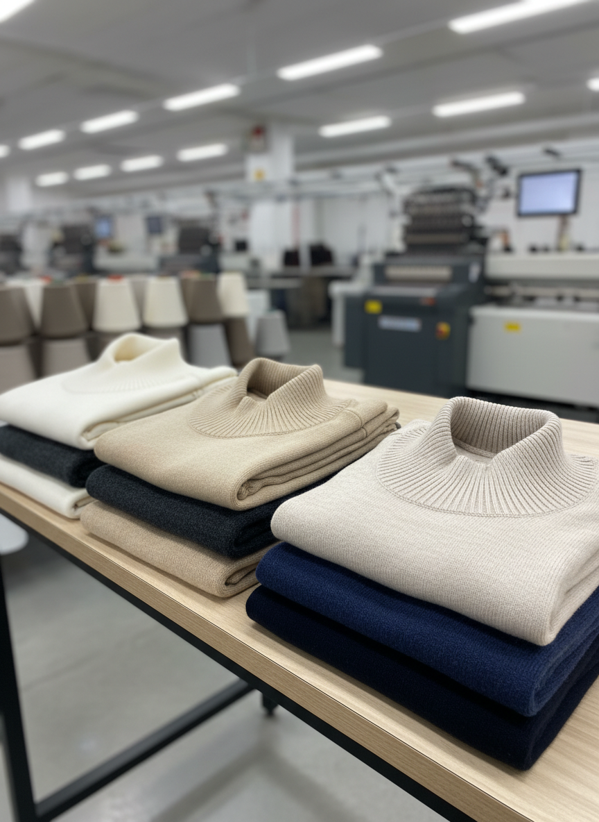 A neatly folded stack of ribana yaka knitwear samples in coordinated neutral colors—ivory, sand, charcoal, and navy—each exposing its ribbed neckline to display different rib heights and elasticities. The stack rests on a light oak production table in a modern, organized knitting studio, with blurred cones of yarn and a computer-controlled knitting machine in the background. Bright but soft overhead industrial lighting evenly illuminates the scene, emphasizing texture and color accuracy without harsh reflections. Photographed from a slightly elevated, three-quarter angle with sharp focus throughout, the composition uses the rule of thirds to keep the collars as the hero elements, communicating reliability, quality control, and professional Turkish triko production.